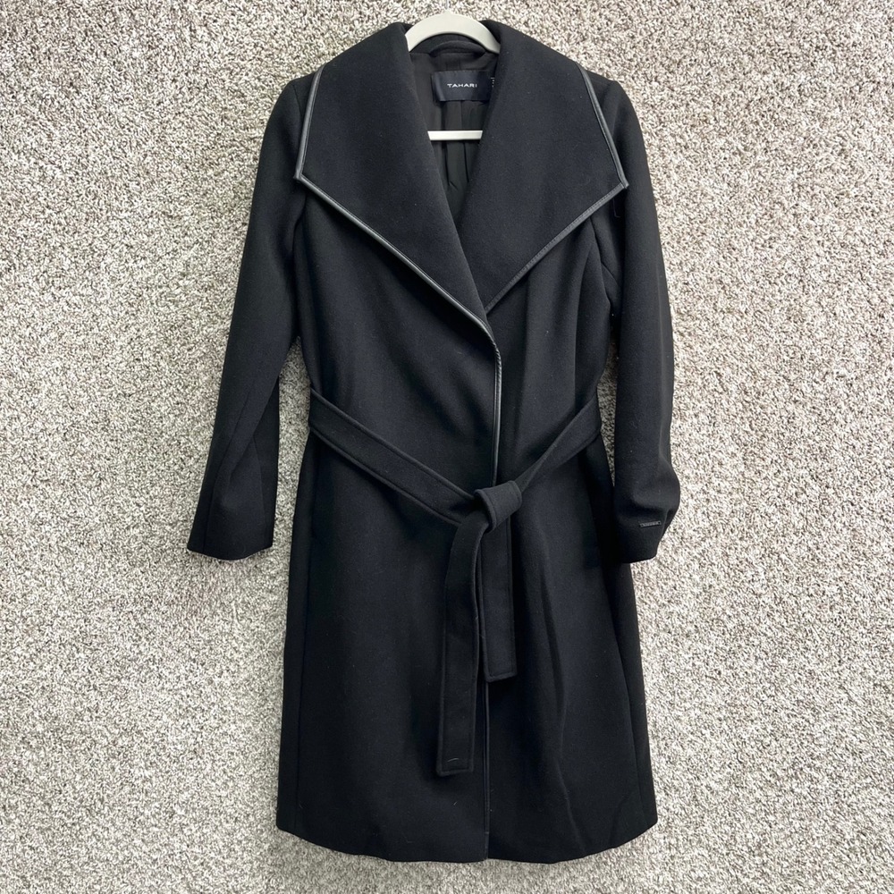Tahari Coat Women's‎ Small Black Faux Leather Trim Belted Long Wrap